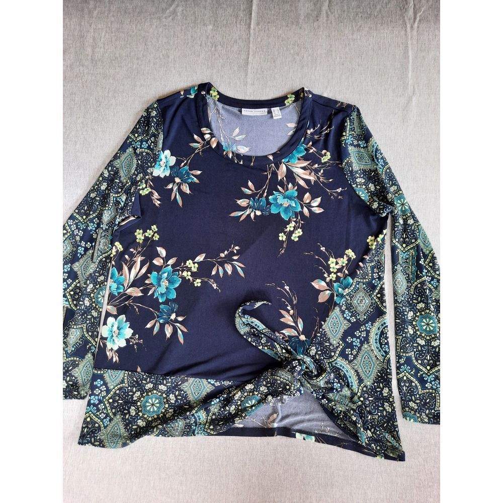 Susan Graver Women's Large‎ Multicolored Floral Front-Tie Flare Sleeves Blouse